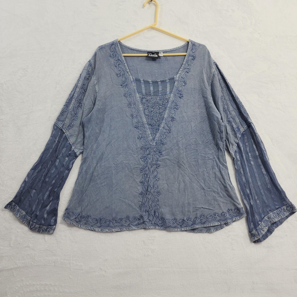 Noelle Top Women L/XL (12-14) Blue Gray Embroidered Boho Long Flare Sleeve Tunic